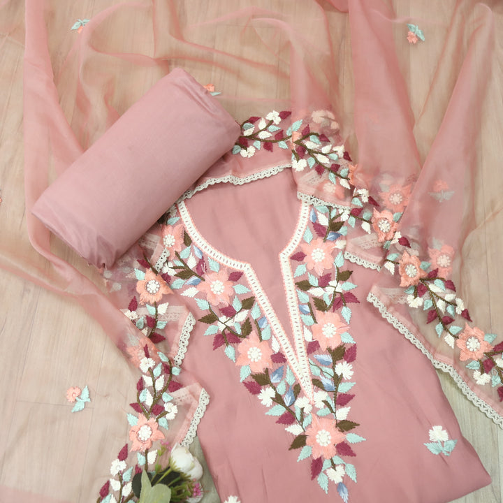Riwayaat Soft Peach Chikankari inspired Neck Work Modal Suit Set