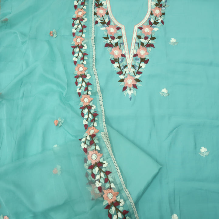 Riwayaat Aqua Blue Chikankari inspired Neck Work Modal Suit Set