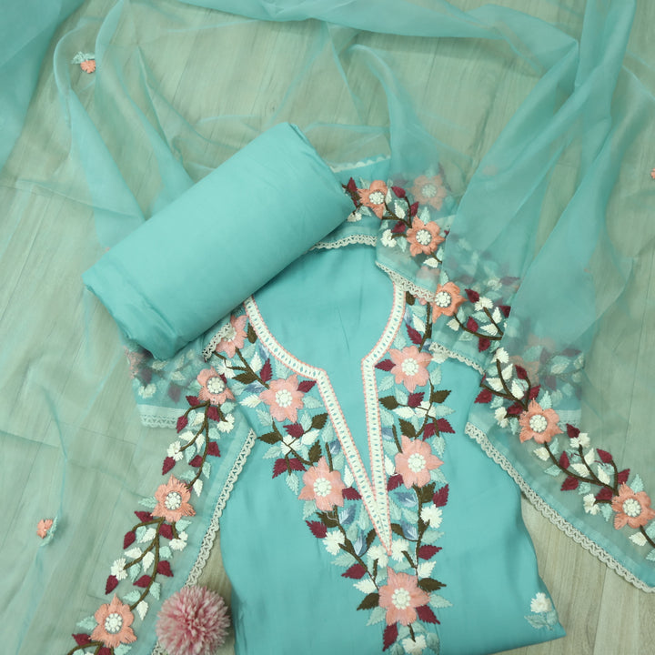 Riwayaat Aqua Blue Chikankari inspired Neck Work Modal Suit Set