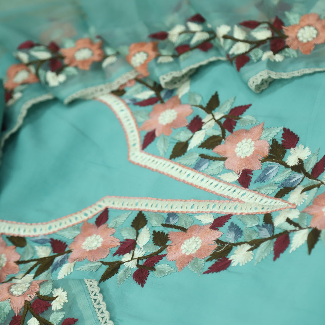 Riwayaat Aqua Blue Chikankari inspired Neck Work Modal Suit Set