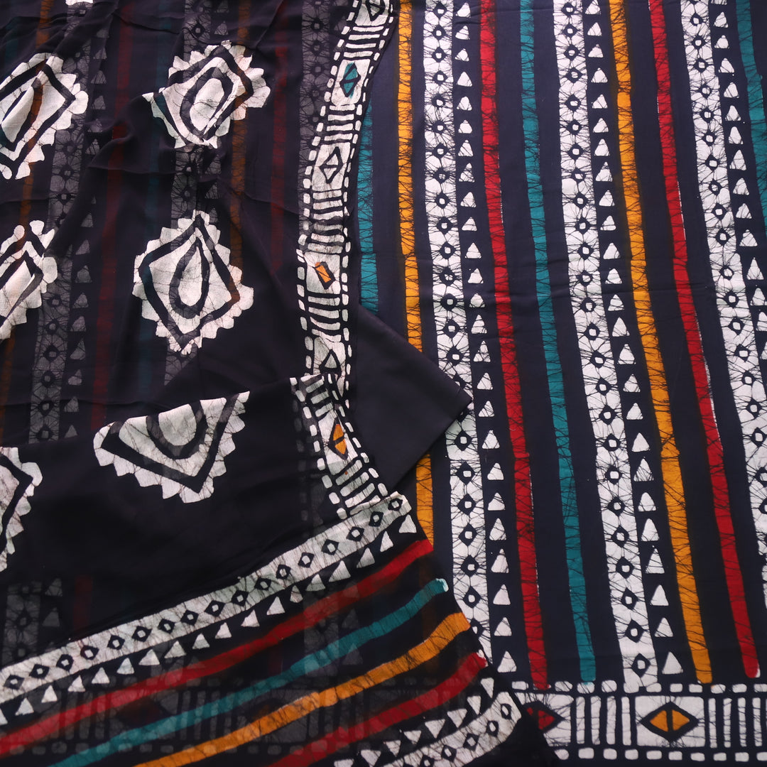 Sobiya Raven Black Dabu Printed Cotton Suit with Chiffon Dupatta