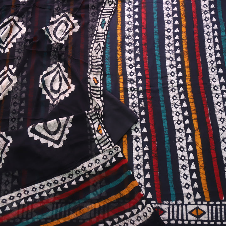 Sobiya Raven Black Dabu Printed Cotton Suit with Chiffon Dupatta