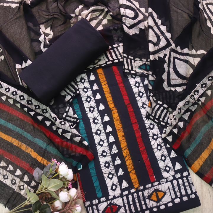Sobiya Raven Black Dabu Printed Cotton Suit with Chiffon Dupatta
