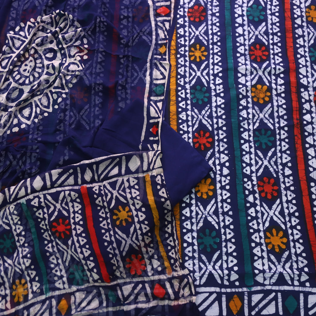 Sobiya Mid Blue Dabu Printed Cotton Suit with Chiffon Dupatta