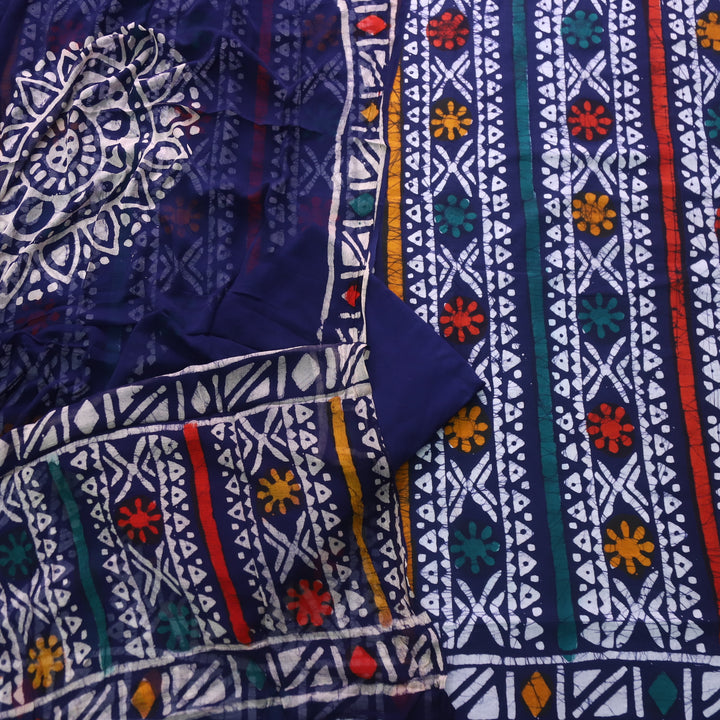 Sobiya Mid Blue Dabu Printed Cotton Suit with Chiffon Dupatta