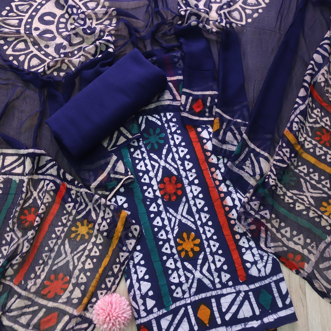 Sobiya Mid Blue Dabu Printed Cotton Suit with Chiffon Dupatta