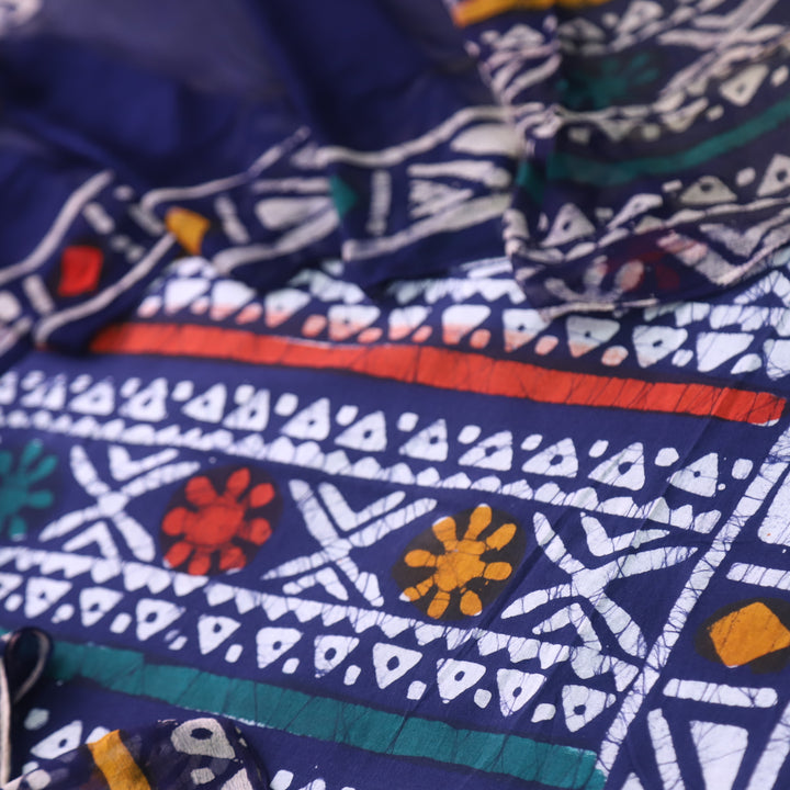 Sobiya Mid Blue Dabu Printed Cotton Suit with Chiffon Dupatta