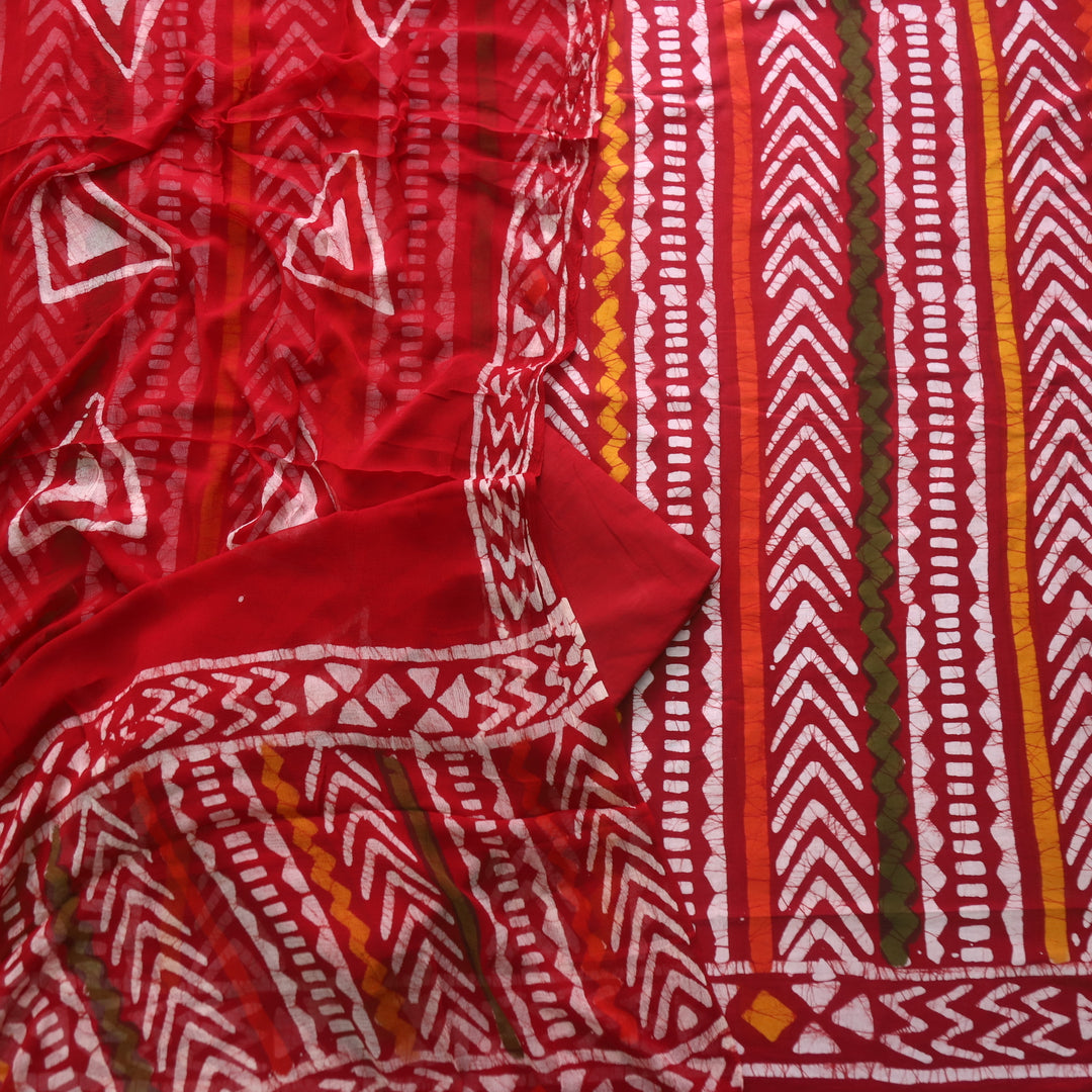 Sobiya Bride Red Dabu Printed Cotton Suit with Chiffon Dupatta