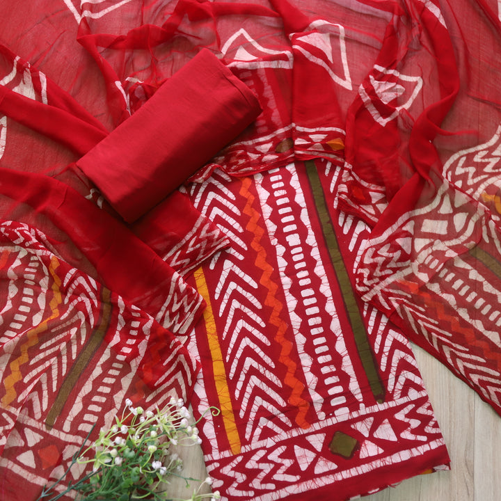 Sobiya Bride Red Dabu Printed Cotton Suit with Chiffon Dupatta