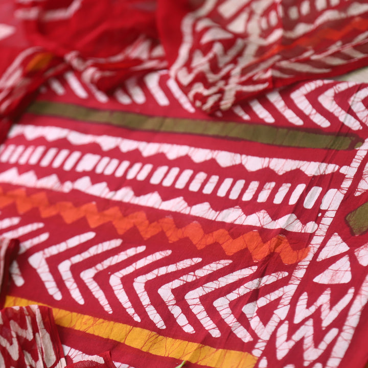 Sobiya Bride Red Dabu Printed Cotton Suit with Chiffon Dupatta