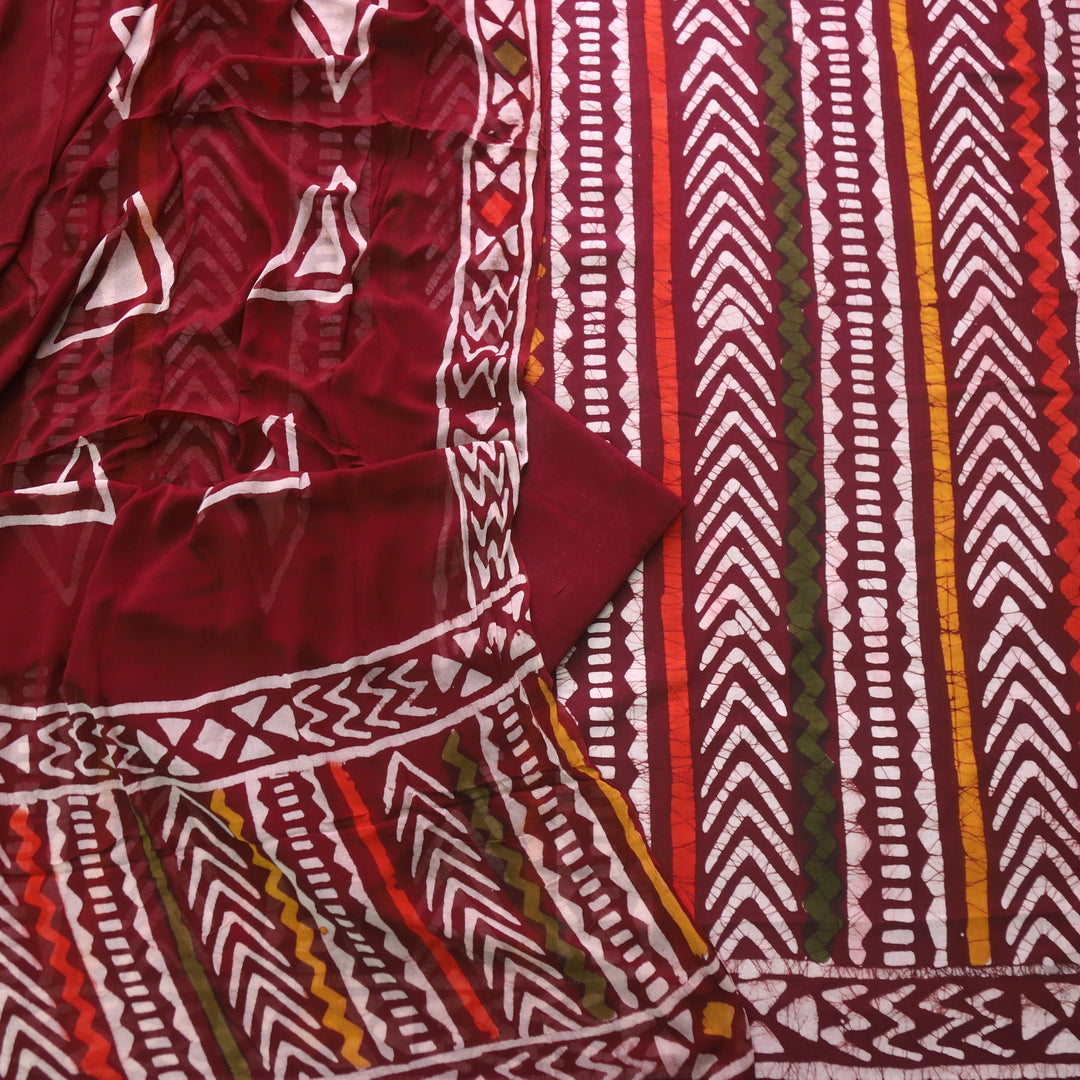 Sobiya Dark Maroon Dabu Printed Cotton Suit with Chiffon Dupatta