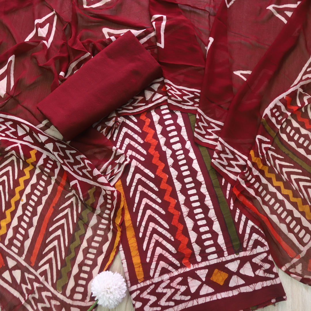 Sobiya Dark Maroon Dabu Printed Cotton Suit with Chiffon Dupatta