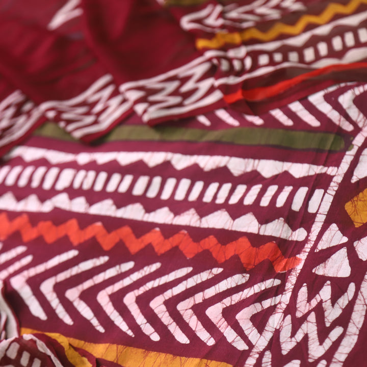 Sobiya Dark Maroon Dabu Printed Cotton Suit with Chiffon Dupatta