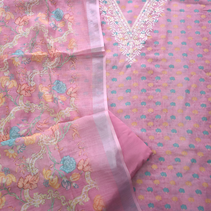 Himayati Light Pink Thread with Patra V Neck Floral Printed Cotton Linen set