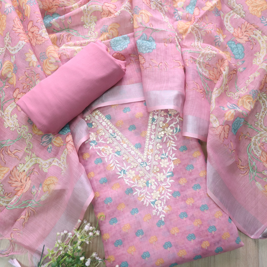 Himayati Light Pink Thread with Patra V Neck Floral Printed Cotton Linen set
