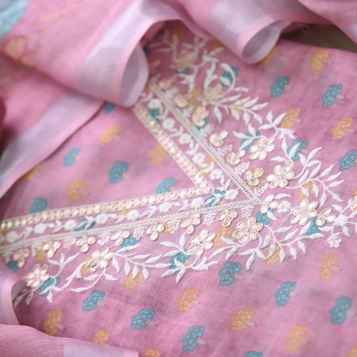 Himayati Light Pink Thread with Patra V Neck Floral Printed Cotton Linen set