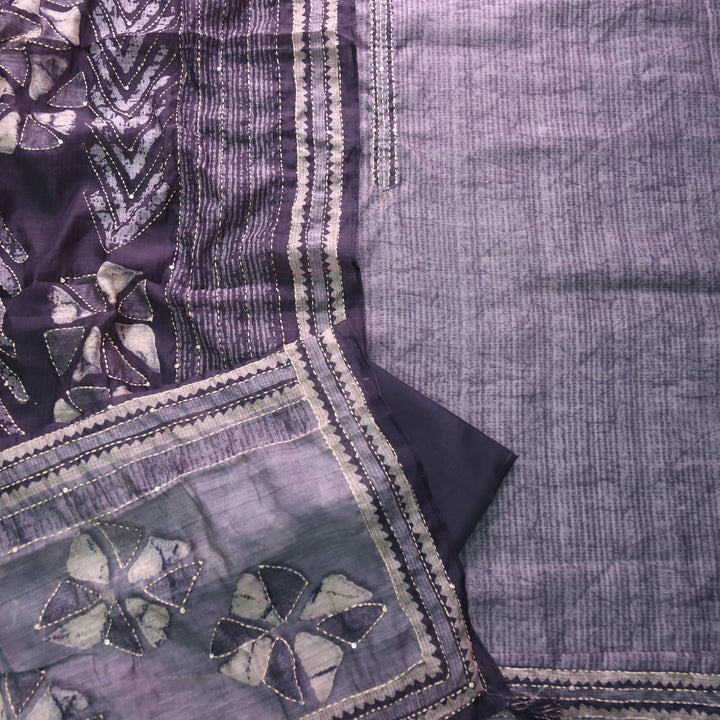Alhada Mid Grey Kantha Embroidery Digital Printed Chanderi Suit Set