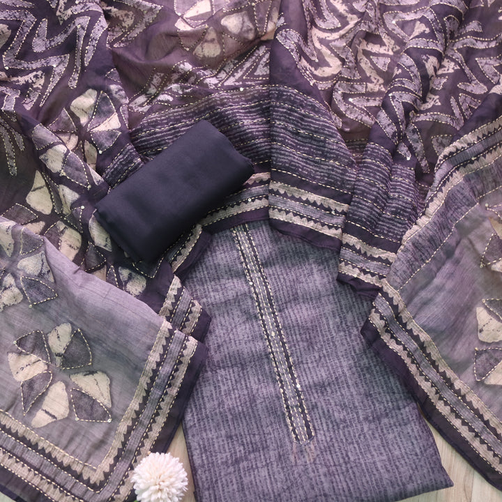 Alhada Mid Grey Kantha Embroidery Digital Printed Chanderi Suit Set