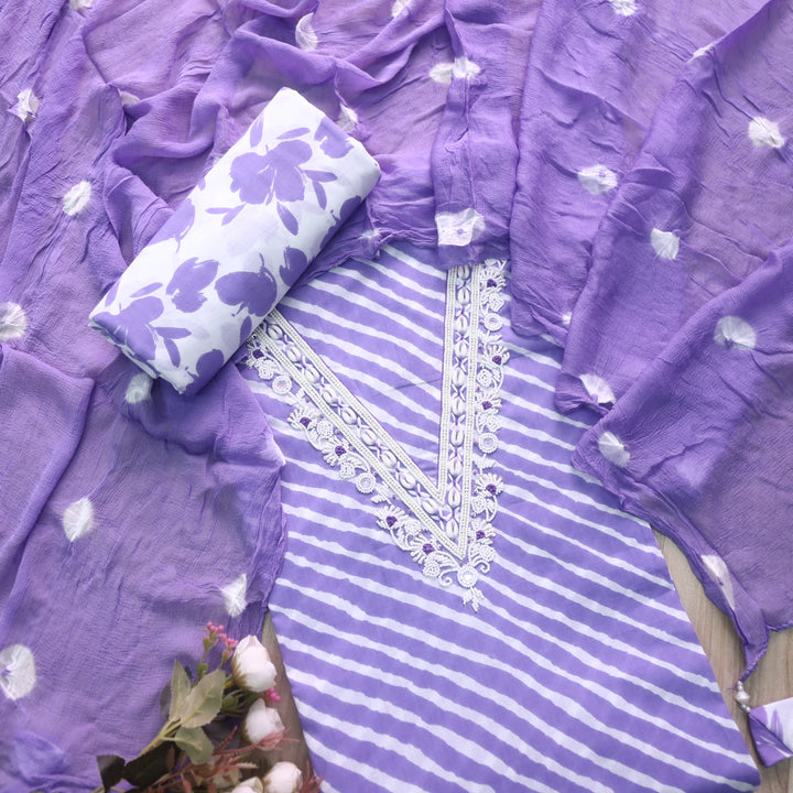 Rahi Purple V Neck Embellish Moti Work In leheriya Print Cotton Suit Set