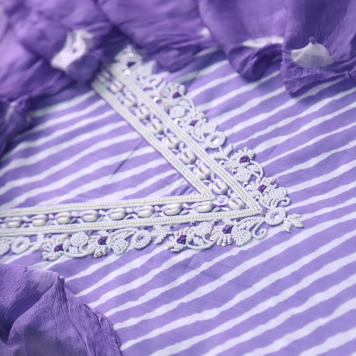 Rahi Purple V Neck Embellish Moti Work In leheriya Print Cotton Suit Set