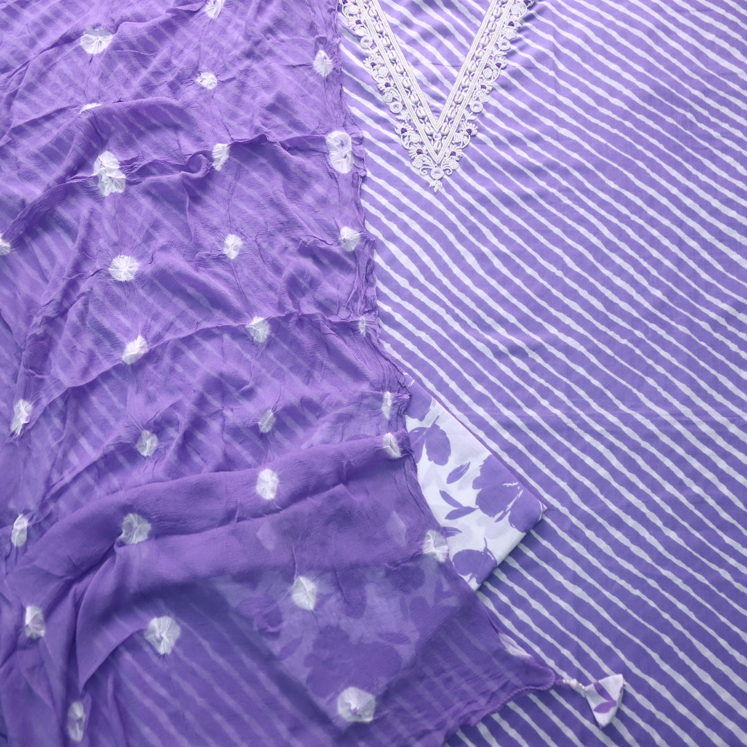 Rahi Purple V Neck Embellish Moti Work In leheriya Print Cotton Suit Set