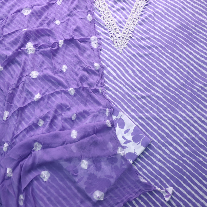 Rahi Purple V Neck Embellish Moti Work In leheriya Print Cotton Suit Set