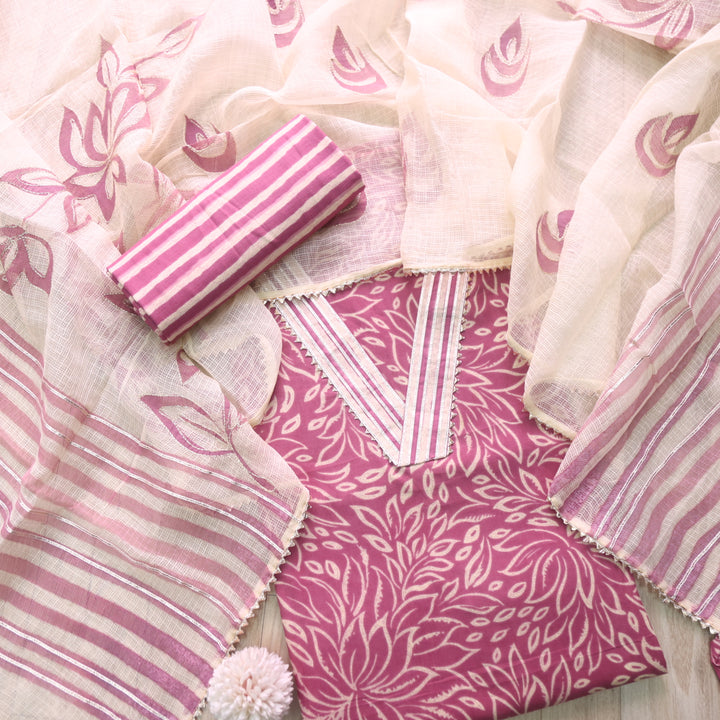 Rahi Mauve Pink V Neck Lace Work Digital Printed Cotton Suit Set
