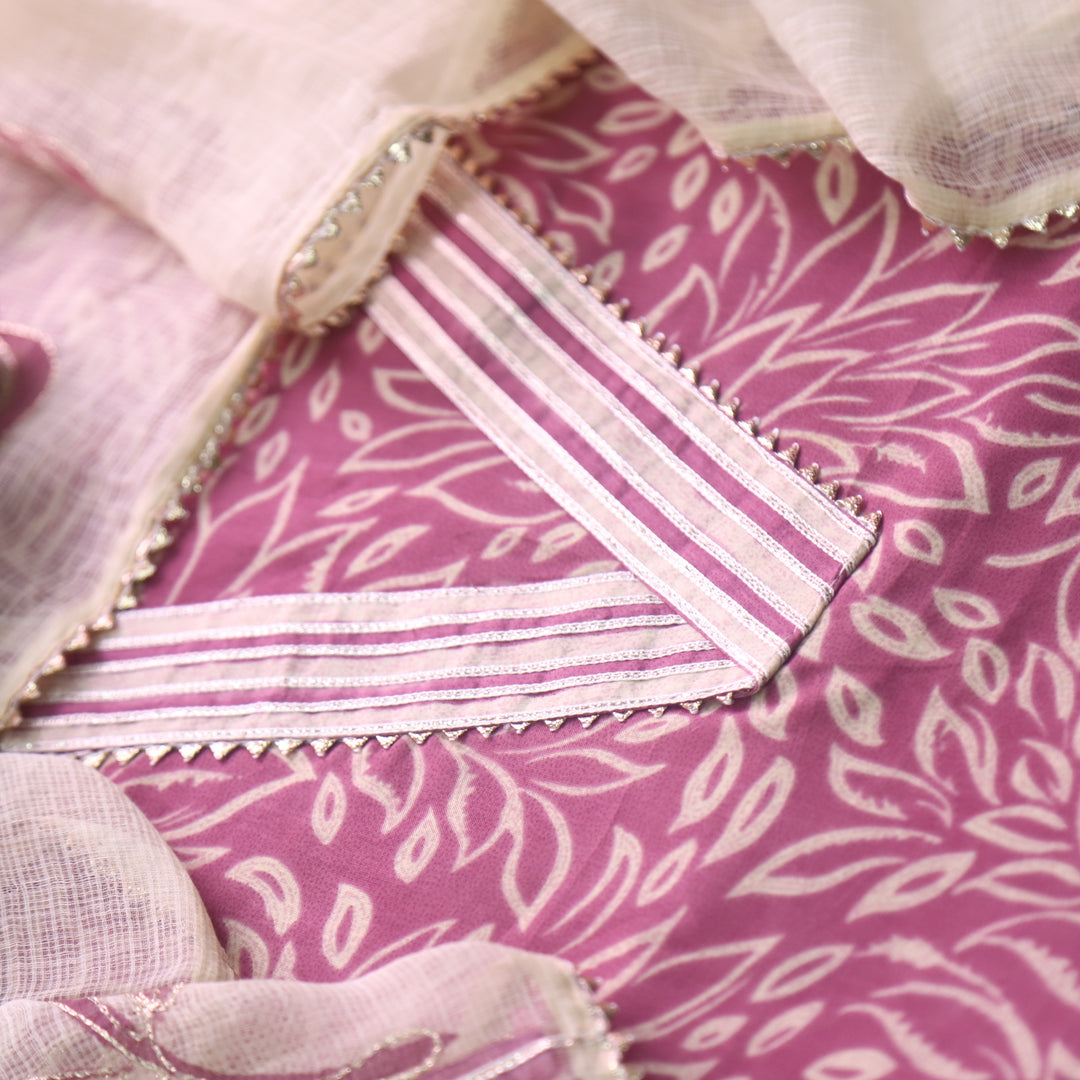Rahi Mauve Pink V Neck Lace Work Digital Printed Cotton Suit Set