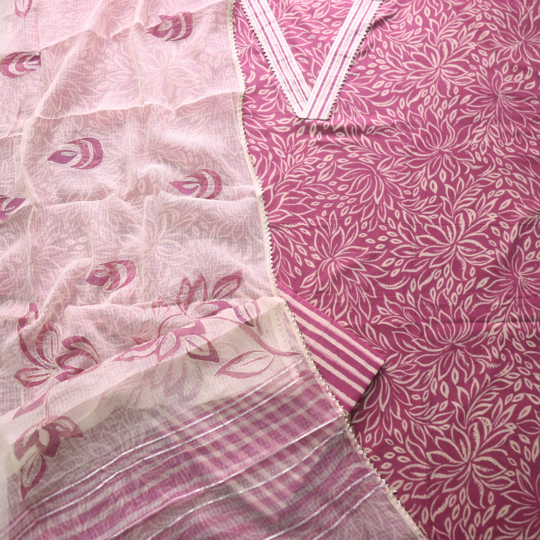 Rahi Mauve Pink V Neck Lace Work Digital Printed Cotton Suit Set