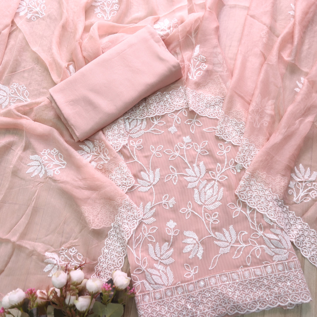 Nushrat Light Peach All Over Thread Work Georgette Suit Set