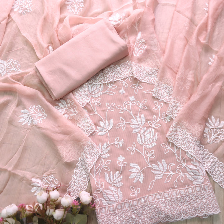 Nushrat Light Peach All Over Thread Work Georgette Suit Set