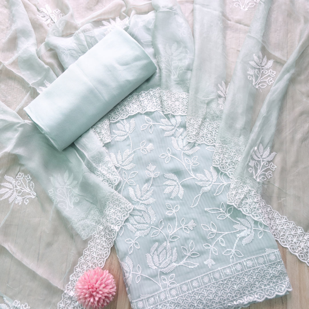 Nushrat Minty Green All Over Thread Work Georgette Suit Set