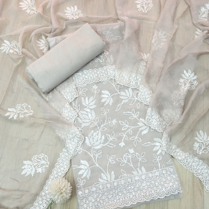 Nushrat Light Grey All Over Thread Work Georgette Suit Set