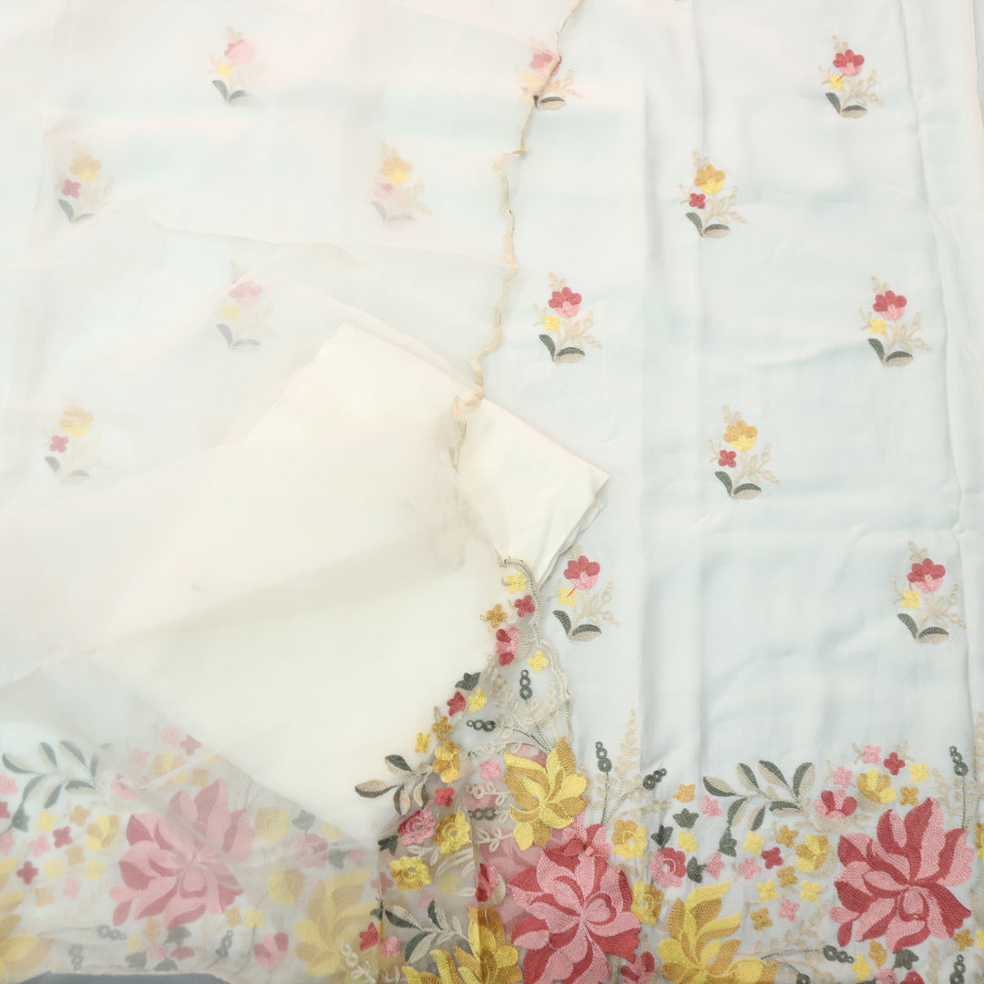 Rivva Cream White with Kashida Embroidered Hem Modal Suit Set