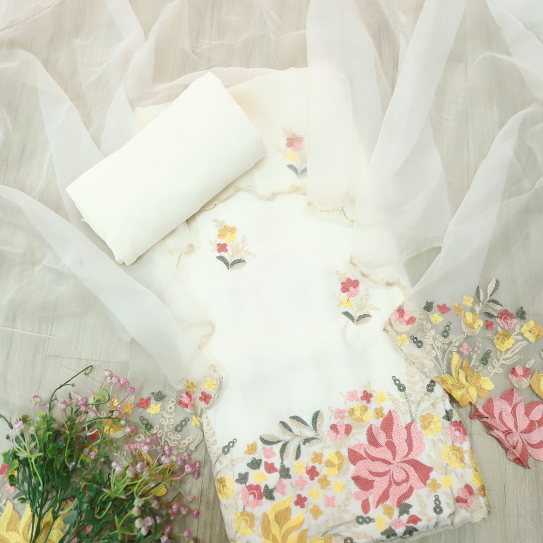 Rivva Cream White with Kashida Embroidered Hem Modal Suit Set