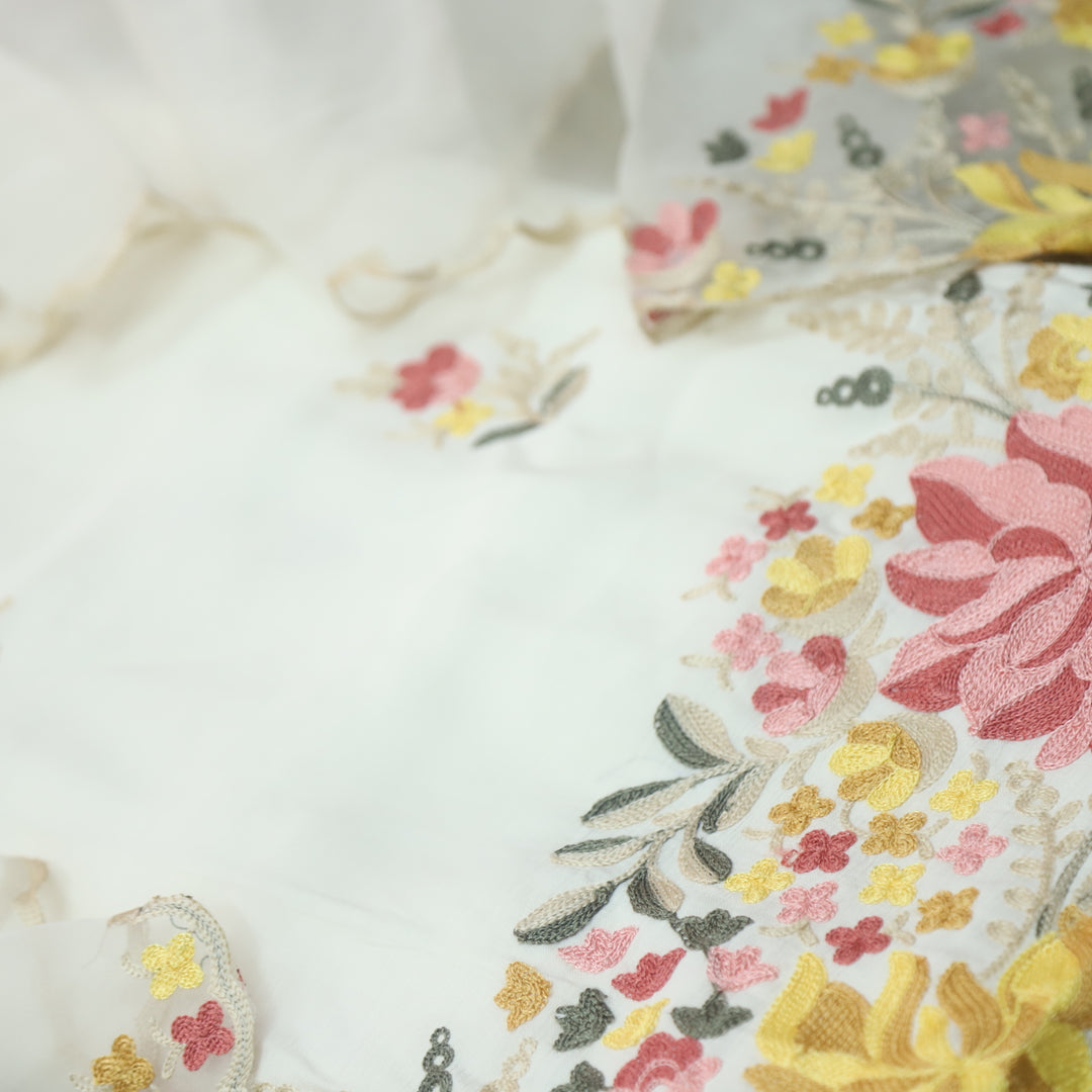 Rivva Cream White with Kashida Embroidered Hem Modal Suit Set