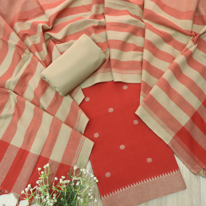 Kanya Bright Orange Round Thread Weaved Handloom Cotton Suit Set