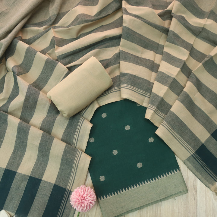 Kanya Forest Green Round Thread Weaved Handloom Cotton Suit Set