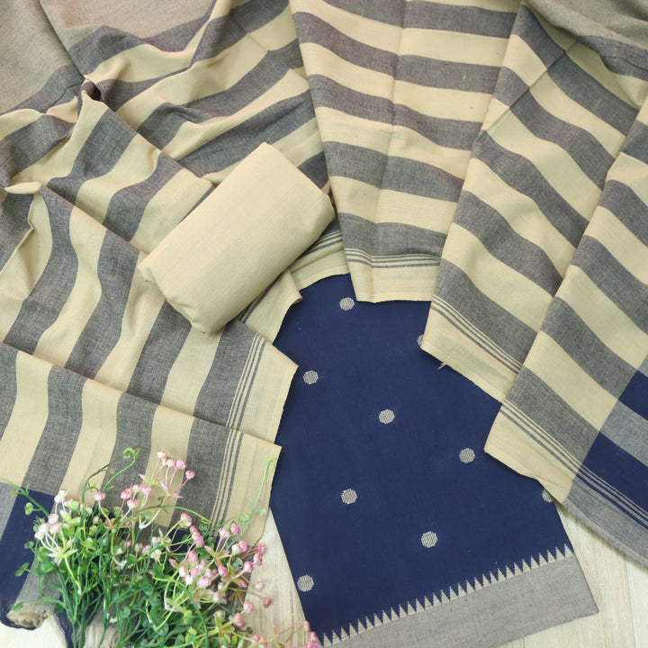 Kanya Dark Blue Round Thread Weaved Handloom Cotton Suit Set