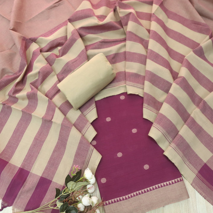 Kanya Eggplant Purple Round Thread Weaved Handloom Cotton Suit Set