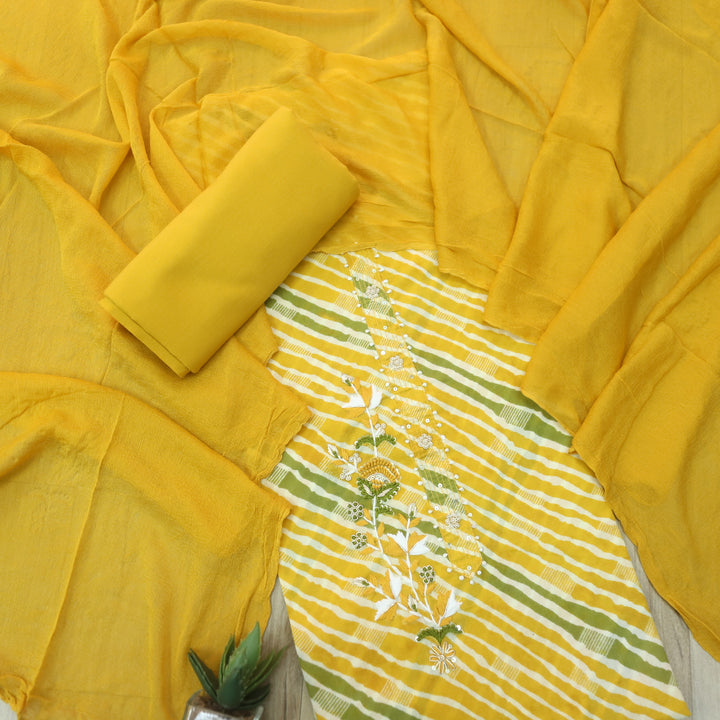 Leher Canary Yellow Embellished Neck Work Leheriya Cotton Suit Set-D2