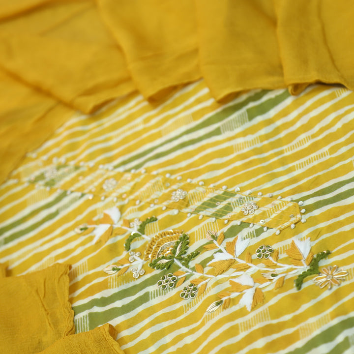 Leher Canary Yellow Embellished Neck Work Leheriya Cotton Suit Set-D2