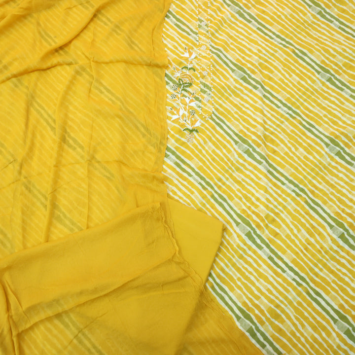 Leher Canary Yellow Embellished Neck Work Leheriya Cotton Suit Set-D2
