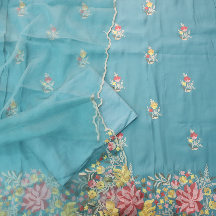 Rivva Artic Blue with Kashida Embroidered Hem Modal Suit Set