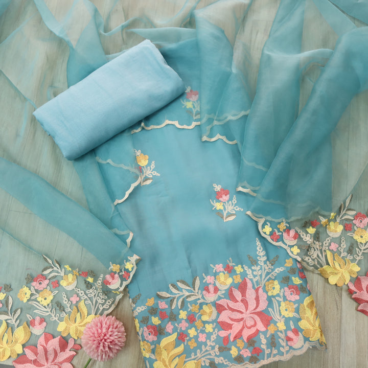 Rivva Artic Blue with Kashida Embroidered Hem Modal Suit Set