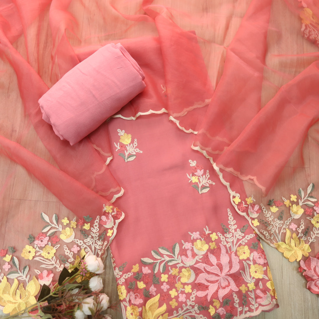 Rivva Deep Peach with Kashida Embroidered Hem Modal Suit Set