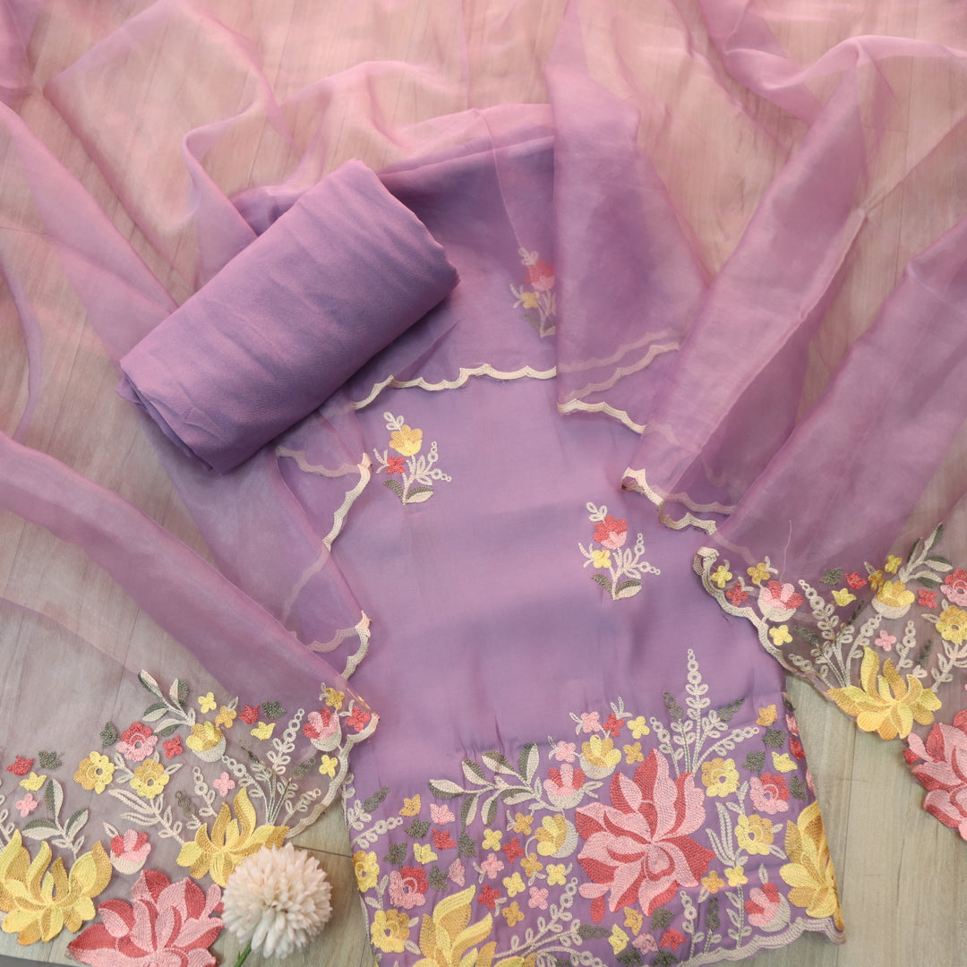 Rivva Lavender Purple with Kashida Embroidered Hem Modal Suit Set