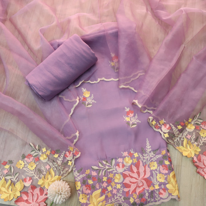 Rivva Lavender Purple with Kashida Embroidered Hem Modal Suit Set