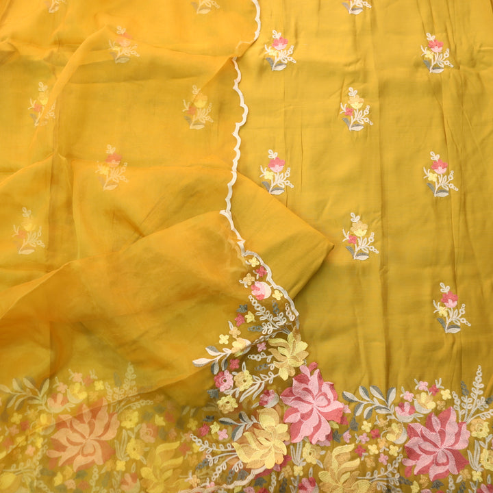 Rivva Canary Yellow with Kashida Embroidered Hem Modal Suit Set