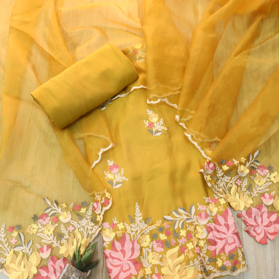 Rivva Canary Yellow with Kashida Embroidered Hem Modal Suit Set